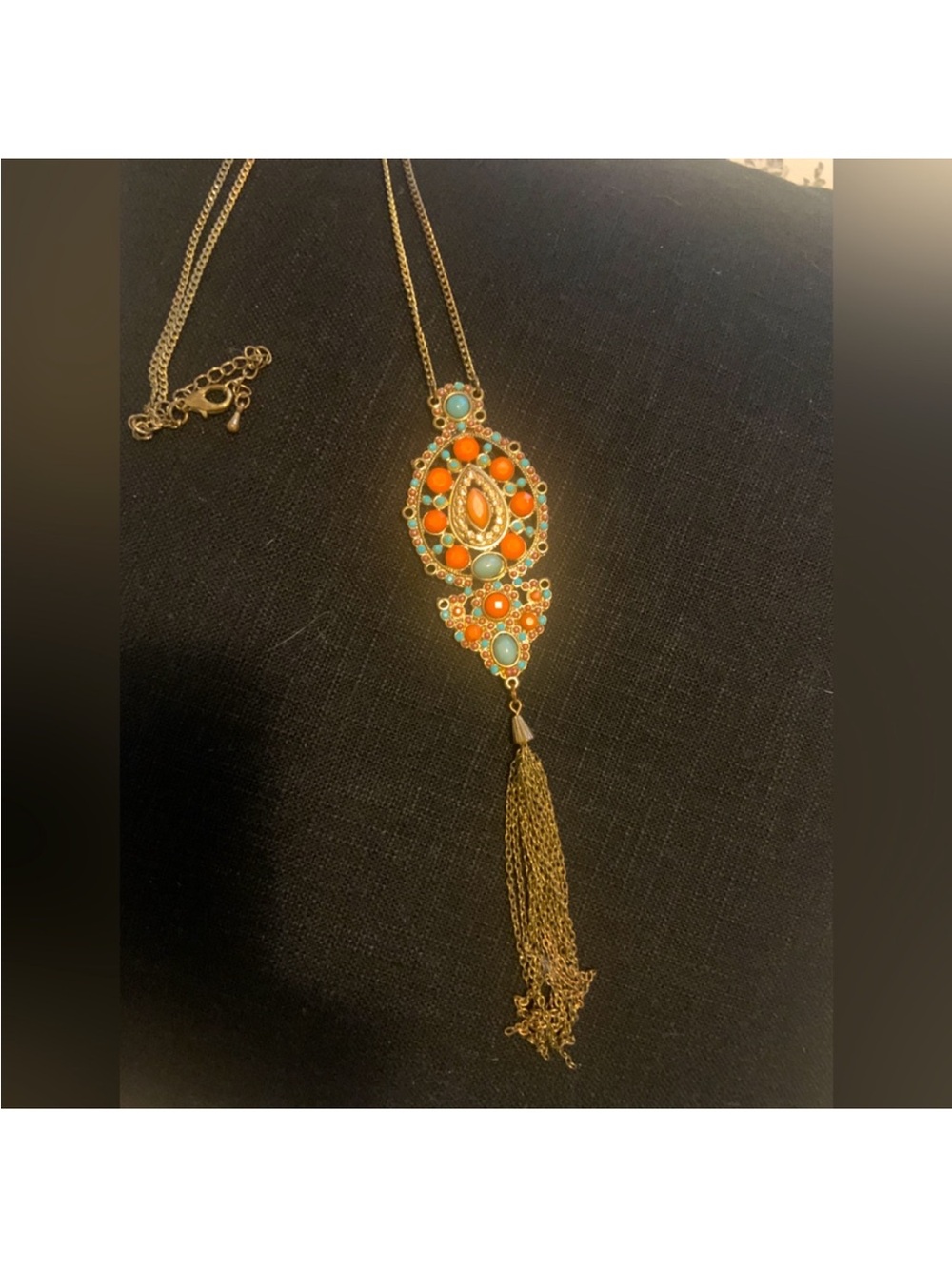 Vintage Long Necklace with Orange and Turquoise Stones